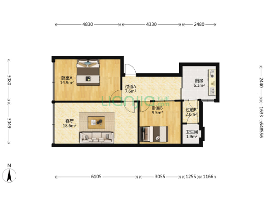 市南路69号 2室1厅1卫 69平方