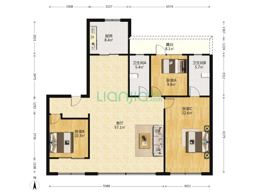 中海长安云锦 3室1厅2卫 143平方