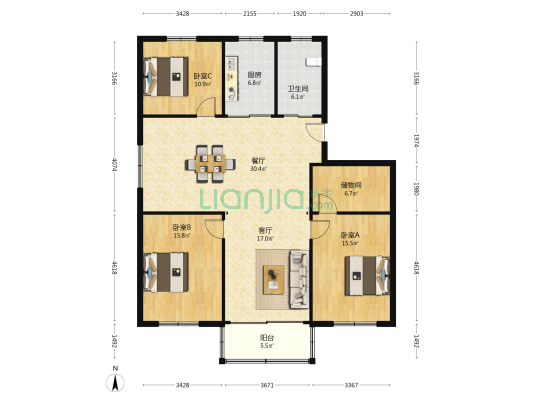 茶花苑 3室2厅1卫 137平方