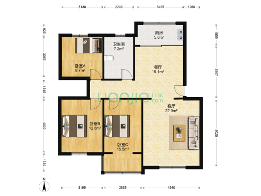 瑞景花园 3室2厅1卫 118平方