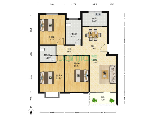 黎明苑 3室2厅2卫 123平方