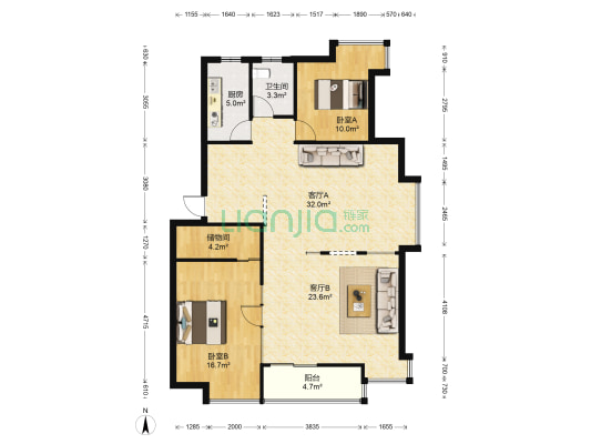 香江生态丽景A区 2室2厅1卫 116平方