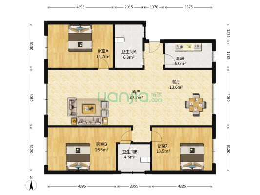 清山商住楼 3室2厅2卫 135平方