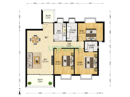 海逸花园 3室1厅2卫 116平方