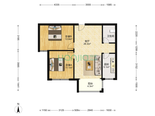 东方国际 2室1厅1卫 90平方