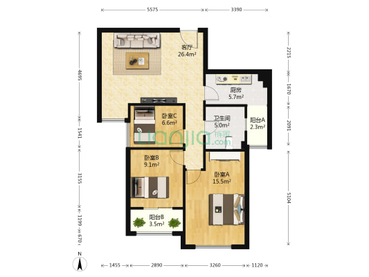 锦艺国际华都美域 3室1厅1卫 88平方