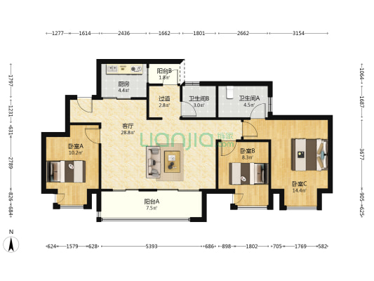 龙湖山前 3室1厅2卫 96平方