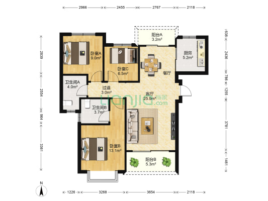 恒大御景 3室1厅2卫 115平方