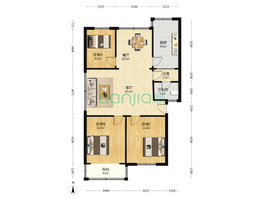 西仓弄 3室2厅1卫 109平方