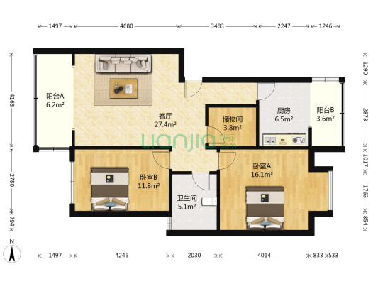 红豆园A区 2室1厅1卫 94平方