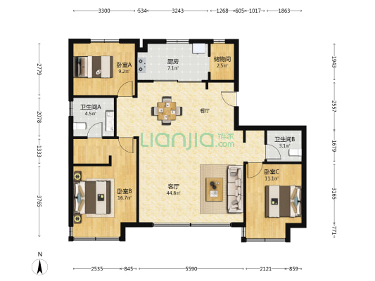 龙湖槿山 3室1厅2卫 131平方