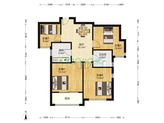 绿地香颂(浦东)(公寓) 4室1厅1卫 87平方