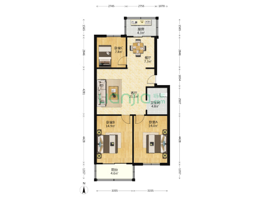 中山小区 3室2厅1卫 95平方