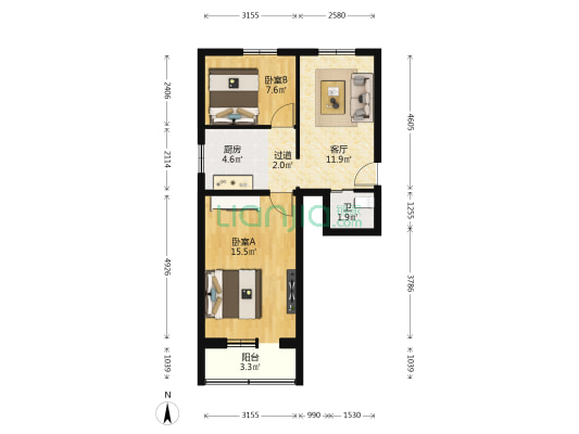 向新西里 2室1厅1卫 59平方