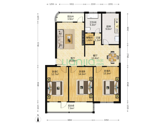 腾飞佳苑 3室2厅1卫 125平方