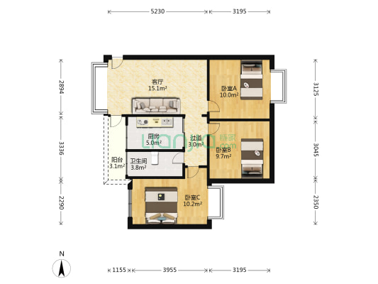 北站路干休所宿舍 3室1厅1卫 74平方