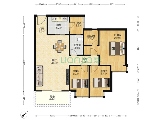 金盛元小区 3室1厅1卫 112平方