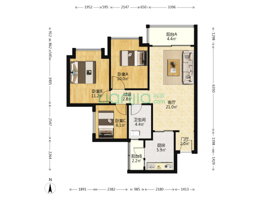 叠溪花园 3室1厅1卫 85平方