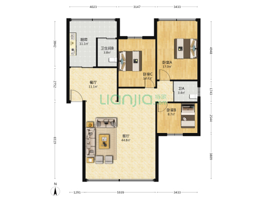 甲秀巷1号 3室2厅2卫 132平方