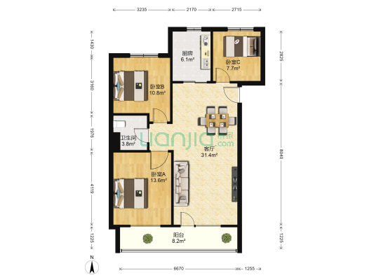 青特小镇E区 3室1厅1卫 97平方
