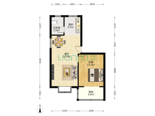 广厦新苑B区 1室1厅1卫 57平方