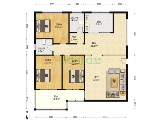 鲁能电力宿舍 3室2厅2卫 183平方