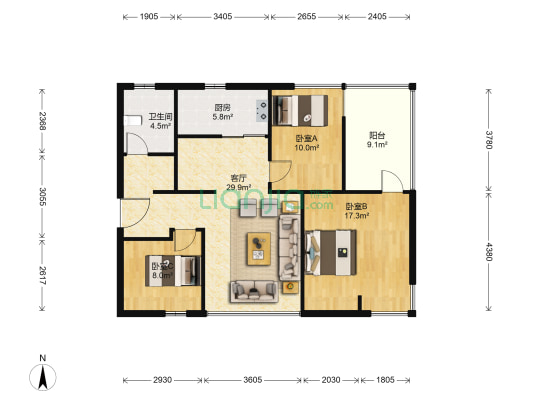东湖林语 3室1厅1卫 107平方
