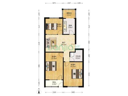 棉纺厂宿舍 3室1厅1卫 93平方