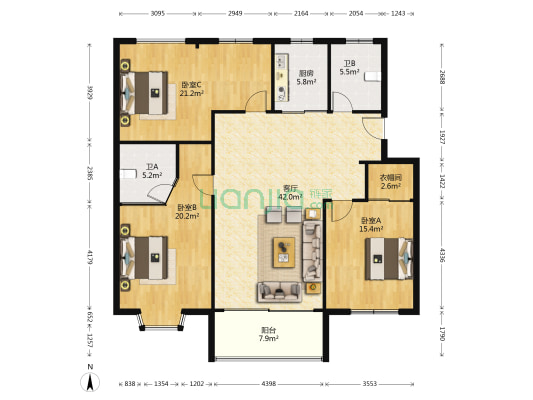 三元公寓 3室1厅2卫 149平方