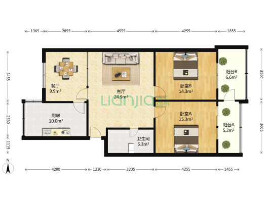 嘉泰花苑 2室2厅1卫 98平方