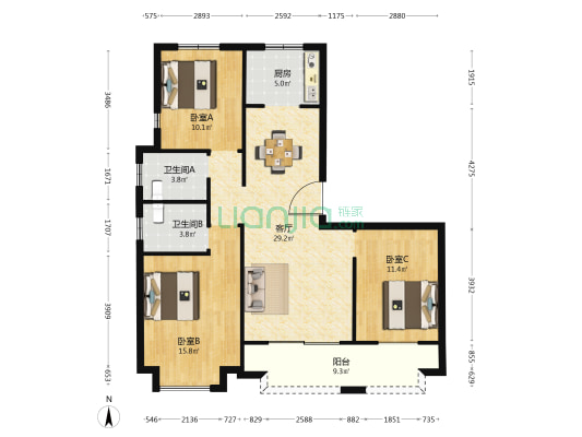 帆海锦园一组团 3室1厅2卫 120平方
