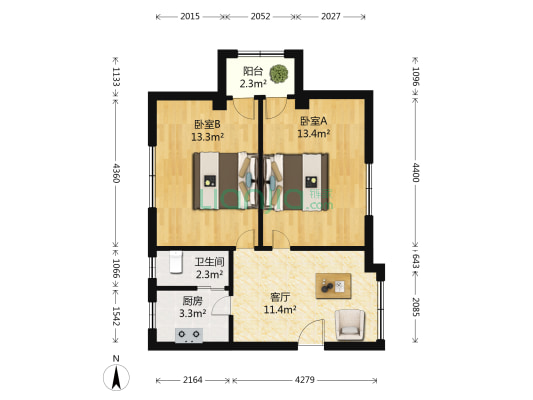 湖北省歌剧舞剧院宿舍 2室1厅1卫 57平方