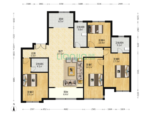 华远中国府 4室1厅3卫 171平方