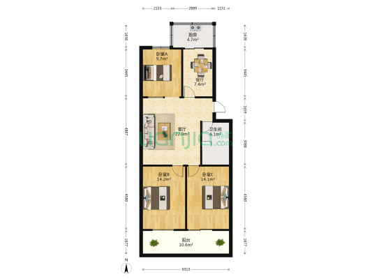 龙城8号院 3室2厅1卫 111平方