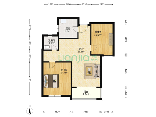 浦湾公馆 2室1厅1卫 89平方