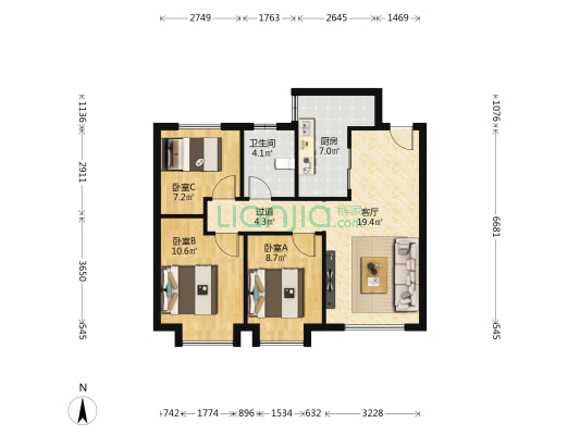 远洋御山水 3室1厅1卫 90平方