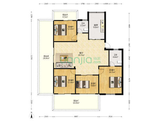 南台新苑紫荆园 4室1厅2卫 122平方