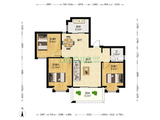 时代城北一区 3室1厅1卫 91平方