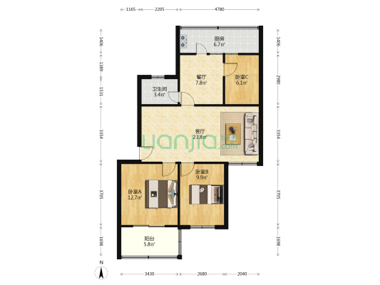 蓝天佳苑 3室2厅1卫 93平方
