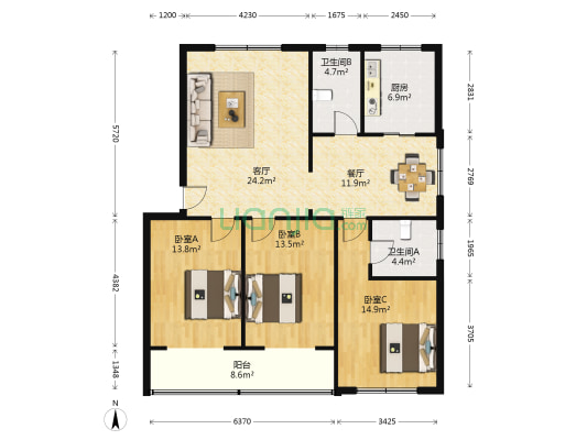 海滨花园 3室2厅2卫 126平方