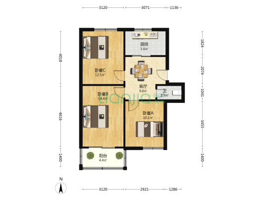 化工宿舍 3室1厅1卫 76平方