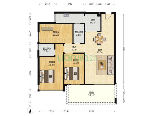 冠昌铂金时代 3室1厅2卫 117平方