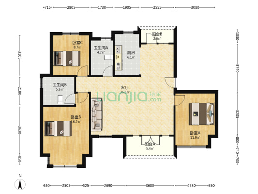 出售 凤麟府125平三居双卫 户型好大横厅 采光视野好-户型图