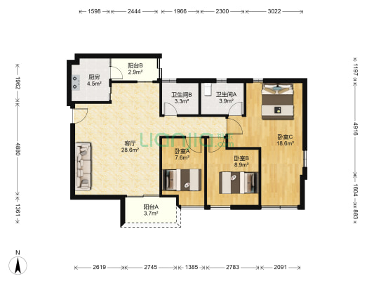 南洲名苑 3室1厅2卫 104平方
