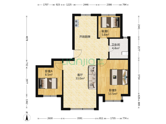 万豪风景 3室1厅1卫 90平方