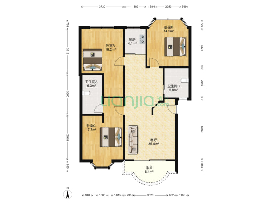 怡浦园 3室1厅2卫 128平方