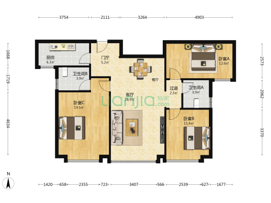 沣东旺城 3室1厅2卫 131平方