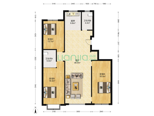 恒信书香门第 3室1厅2卫 140平方