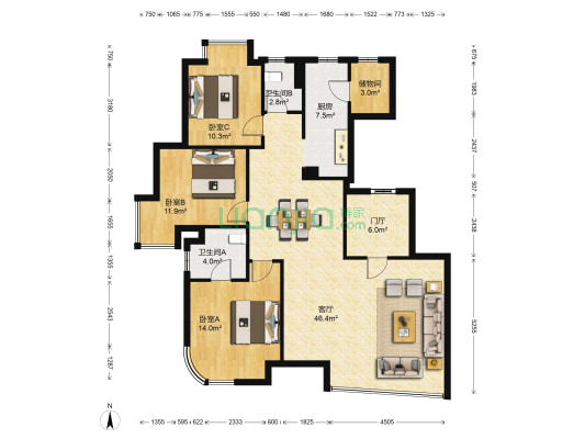 龙净运河湾3号 3室1厅2卫 132平方