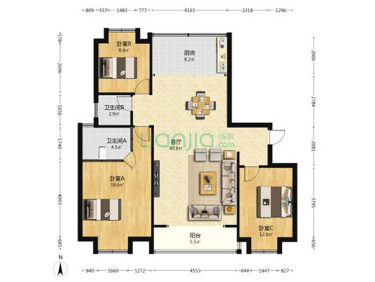 城西名星广场 3室1厅2卫 155平方